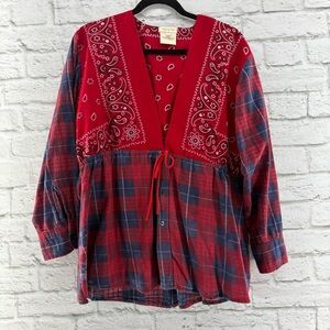 Tricia Fix Free People Reworked Repurposed Vintage Distressed Flannel Top L/XL